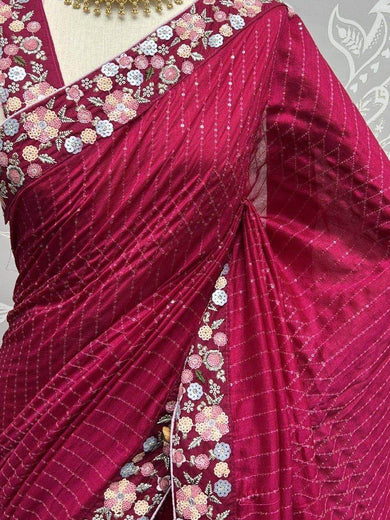 Adorable Pink Sequins Silk Reception Wear Saree With Blouse